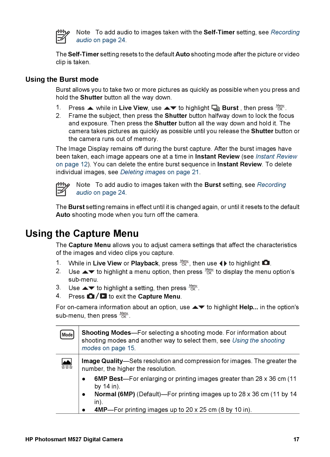 HP M527 manual Using the Capture Menu, Using the Burst mode 