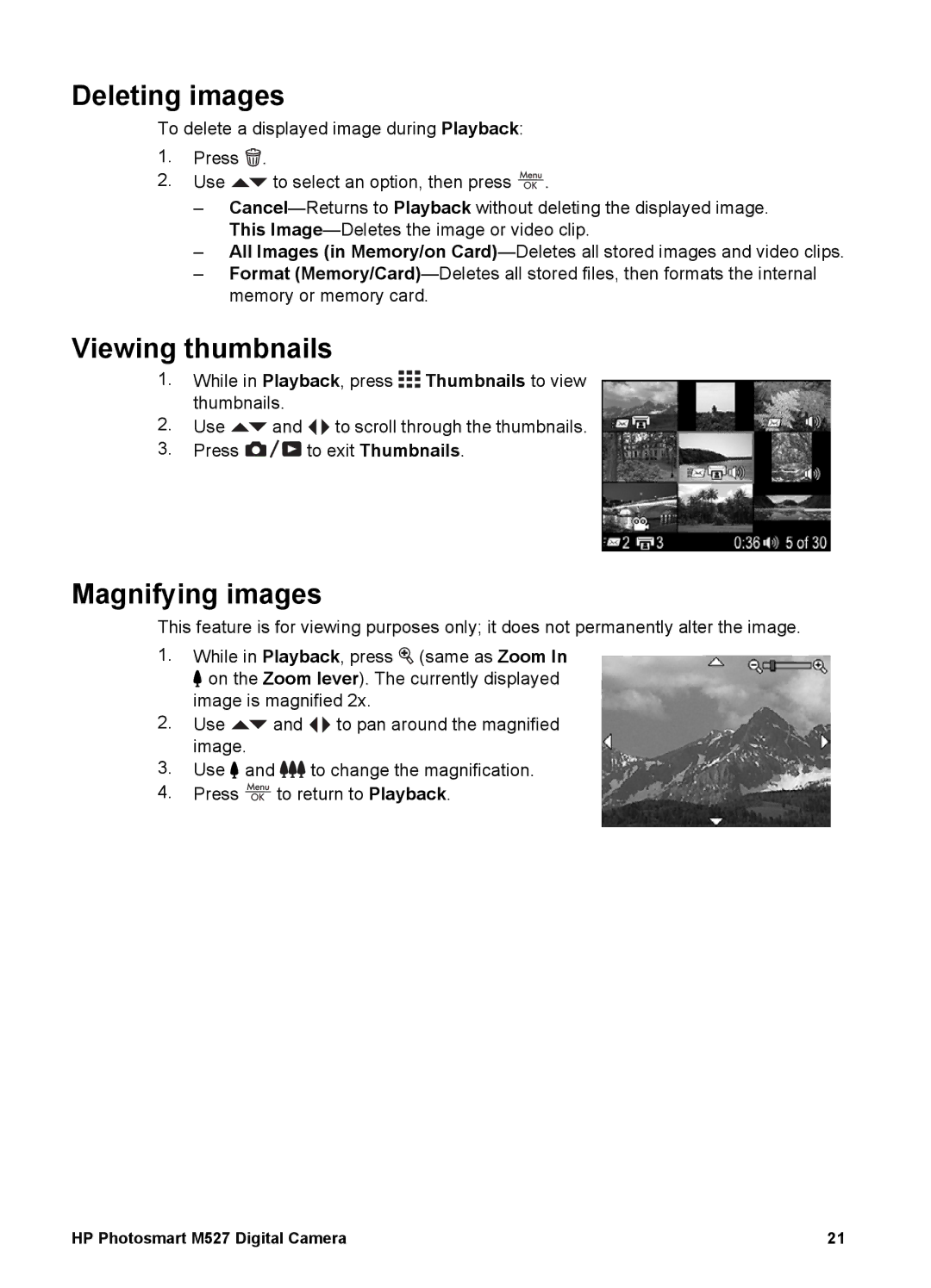 HP M527 manual Deleting images, Viewing thumbnails, Magnifying images 