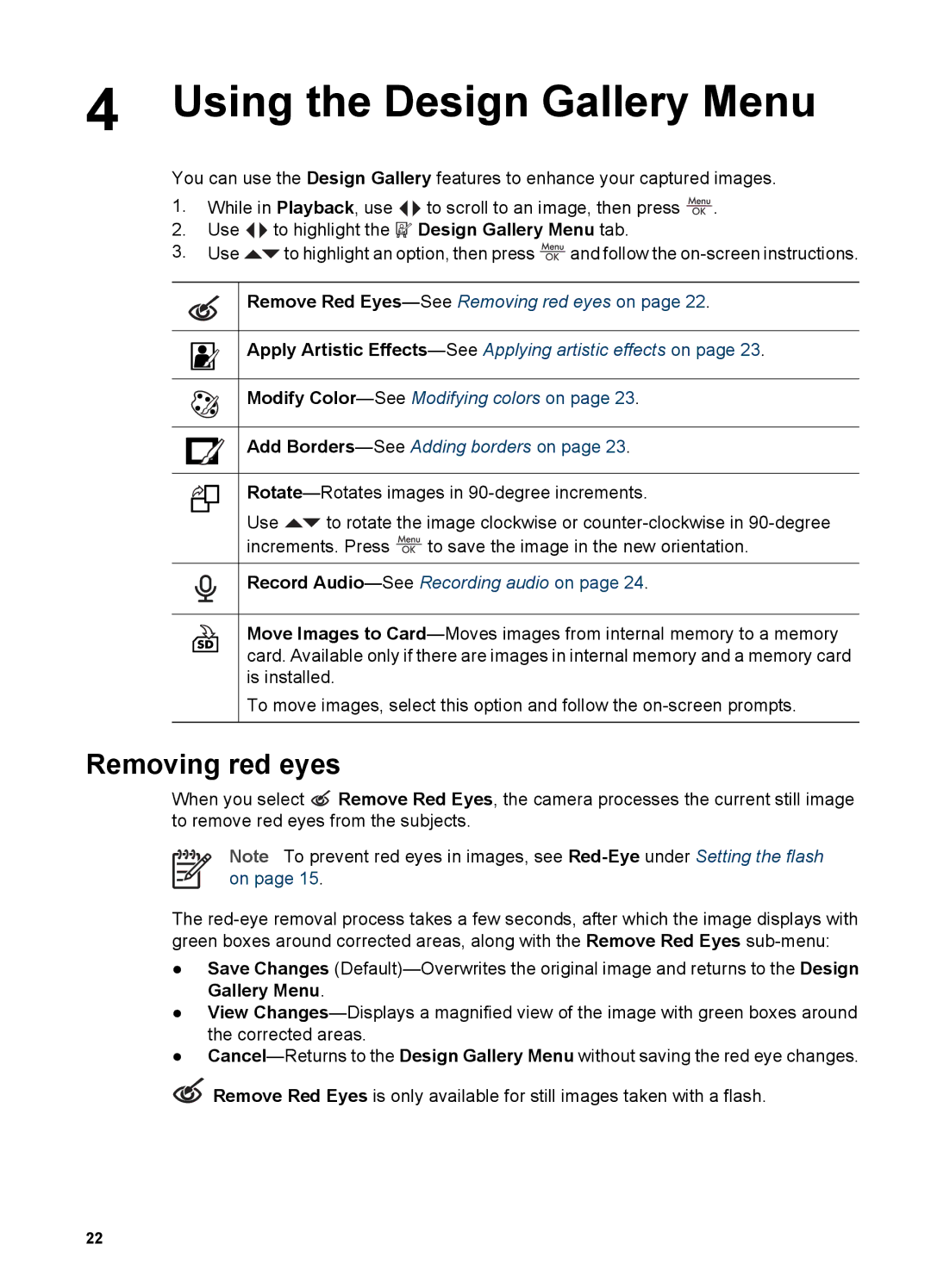 HP M527 manual Using the Design Gallery Menu, Removing red eyes 