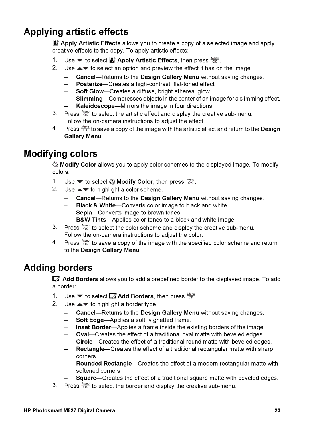 HP M527 manual Applying artistic effects, Modifying colors, Adding borders 