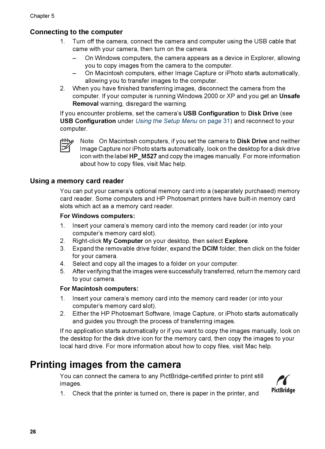 HP M527 Printing images from the camera, Connecting to the computer, Using a memory card reader, For Windows computers 