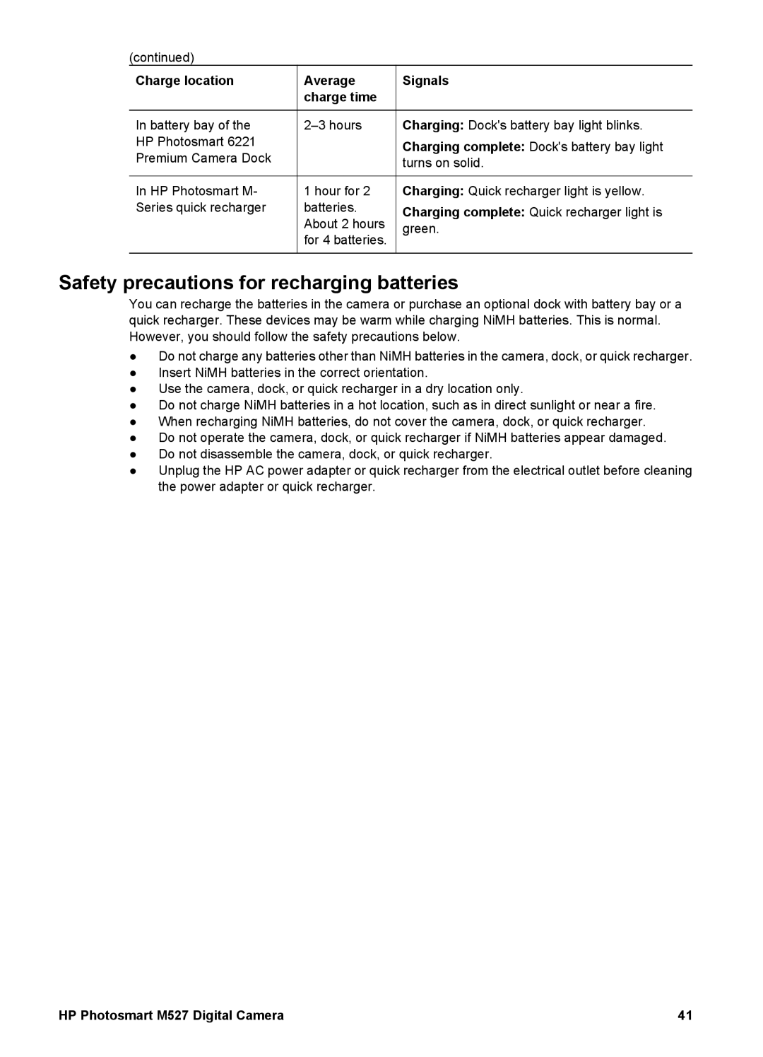 HP M527 manual Safety precautions for recharging batteries 