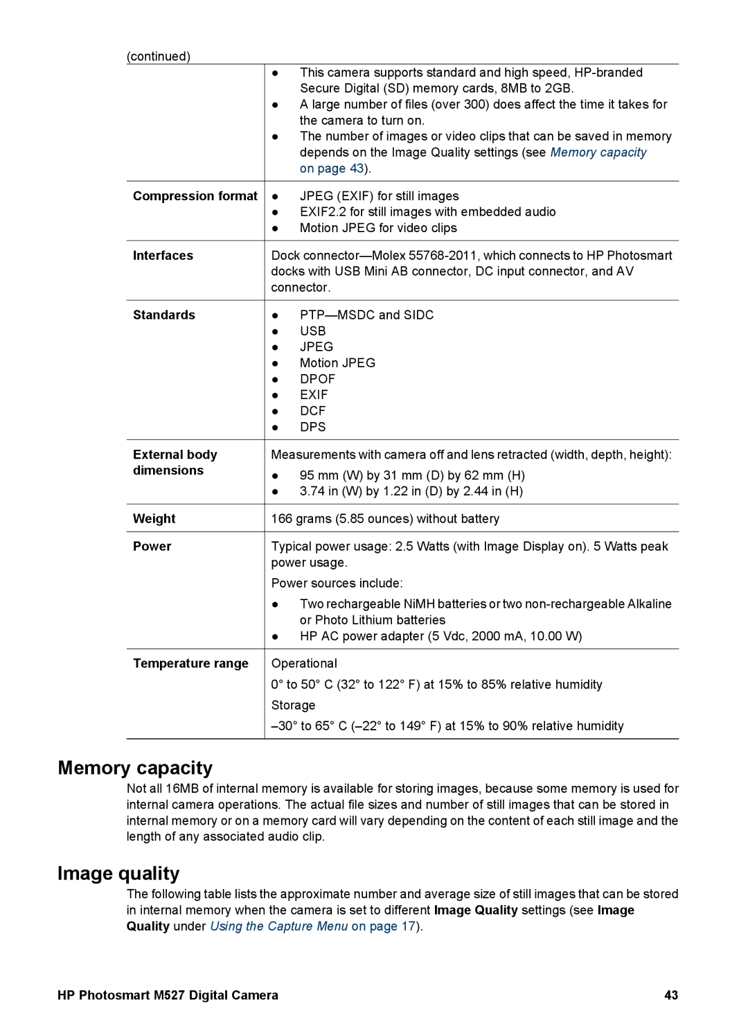 HP M527 manual Memory capacity 