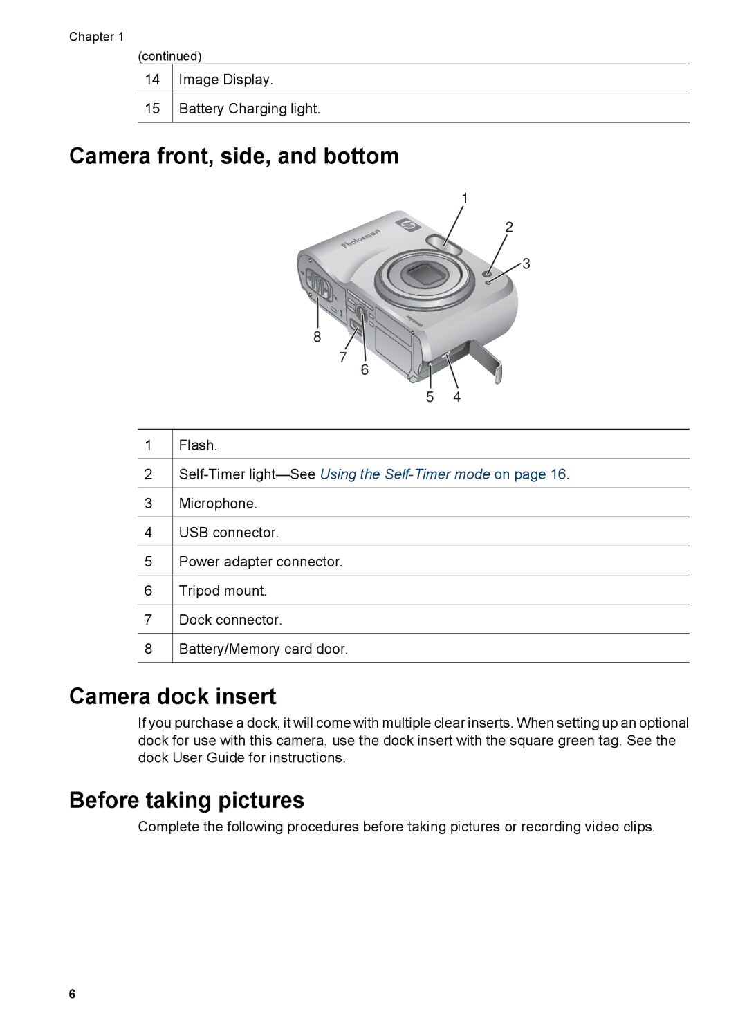 HP M527 manual Camera front, side, and bottom, Camera dock insert, Before taking pictures 