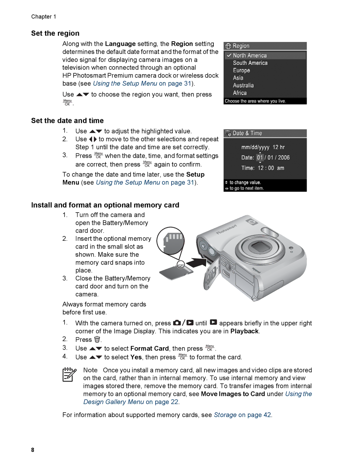 HP M527 manual Set the region, Set the date and time, Install and format an optional memory card 