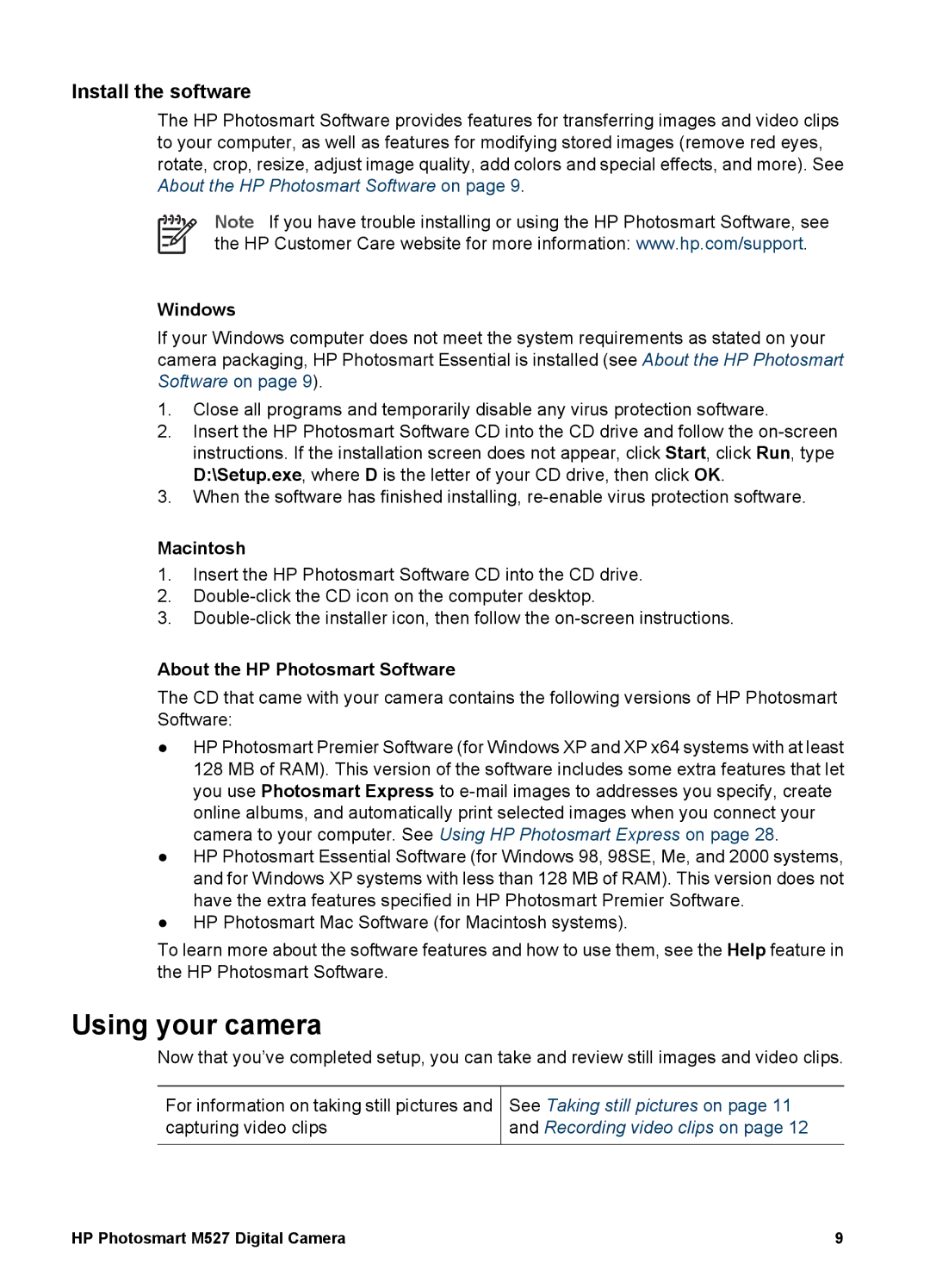 HP M527 manual Using your camera, Install the software, Windows, Macintosh, About the HP Photosmart Software 