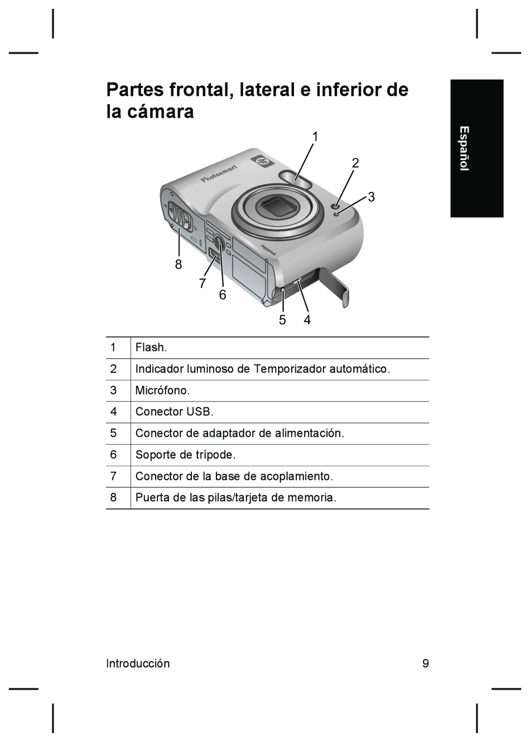 HP M527 manual Partes frontal, lateral e inferior de la cámara 