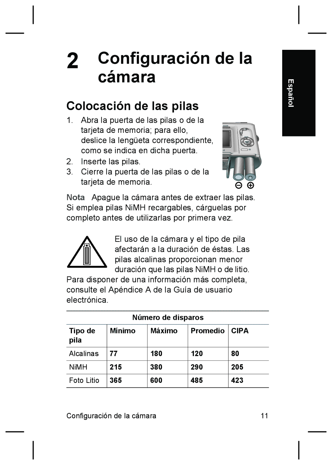 HP M527 manual Cámara, Colocación de las pilas, Número de disparos Tipo de Mínimo Máximo Promedio 