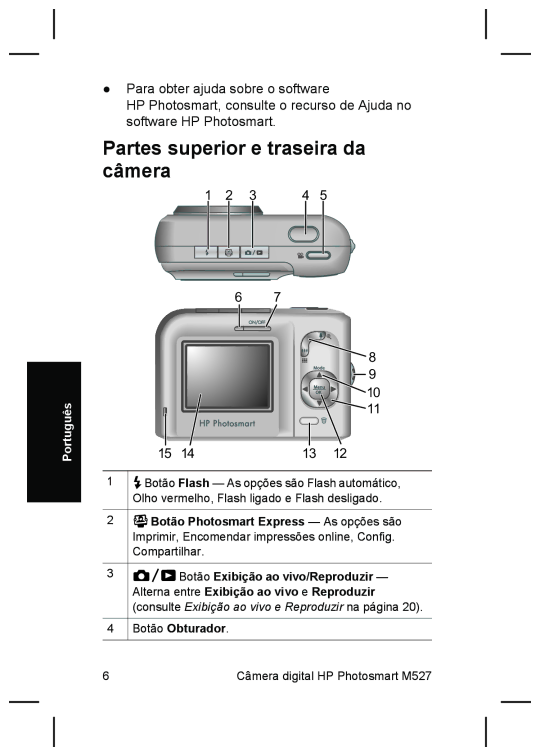 HP M527 manual Partes superior e traseira da câmera, Botão Obturador 