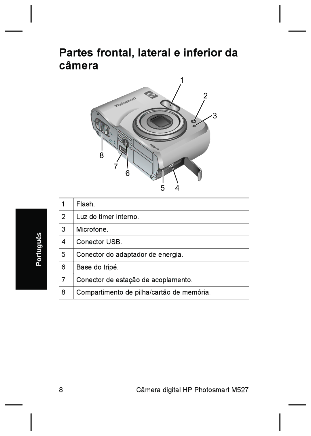 HP M527 manual Partes frontal, lateral e inferior da câmera 