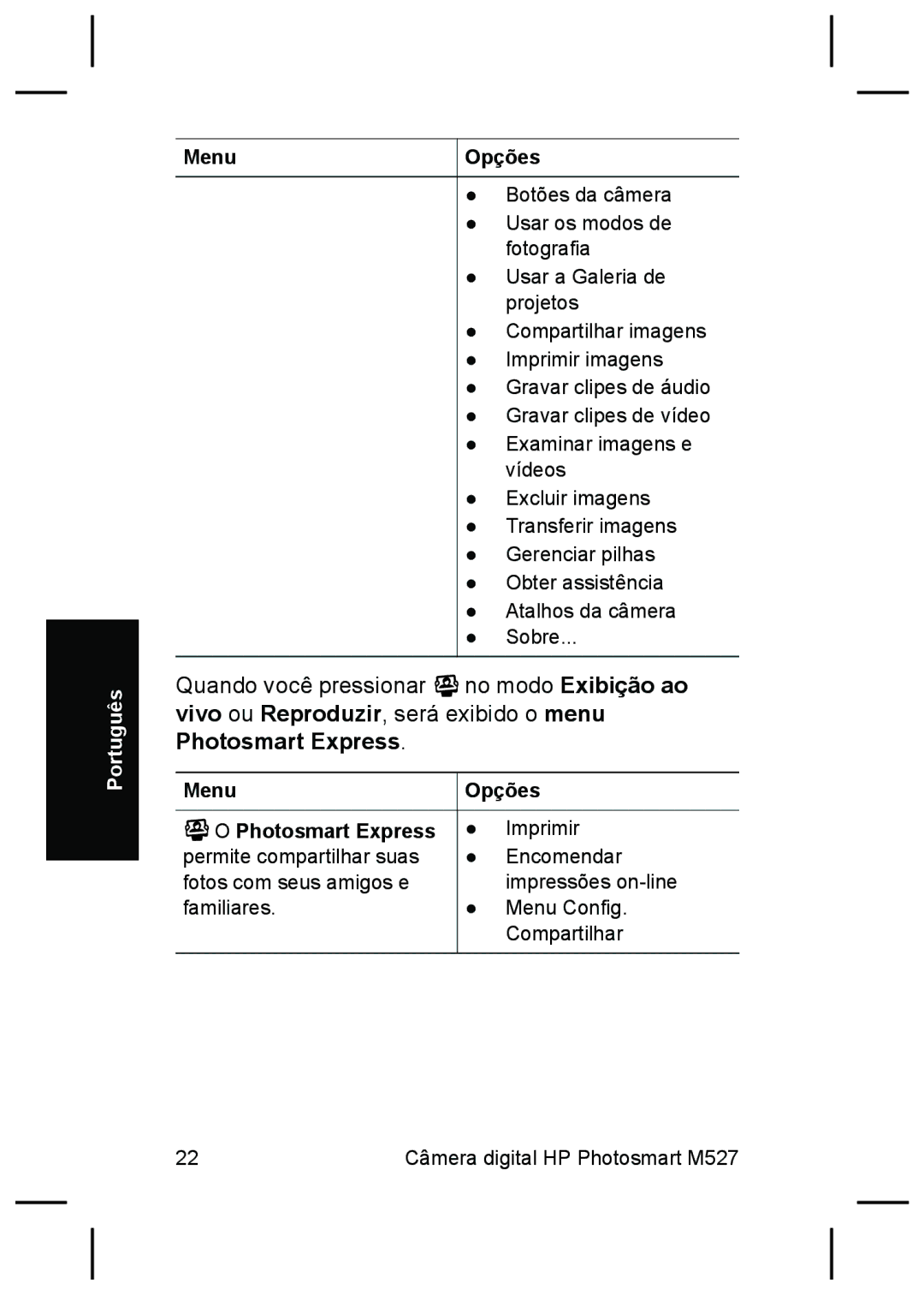 HP M527 manual Menu Opções Photosmart Express 