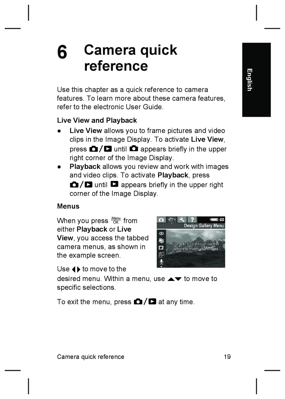 HP M527 manual Camera quick reference, Live View and Playback, Menus 