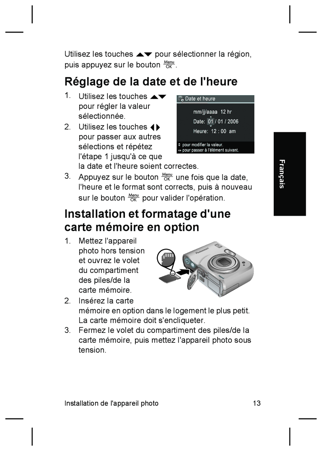 HP M527 manual Réglage de la date et de lheure, Installation et formatage dune carte mémoire en option 