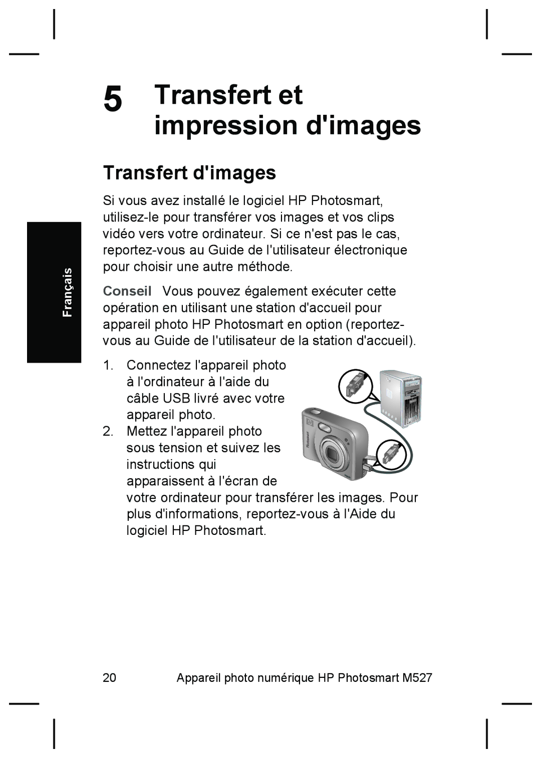 HP M527 manual Transfert et impression dimages, Transfert dimages 