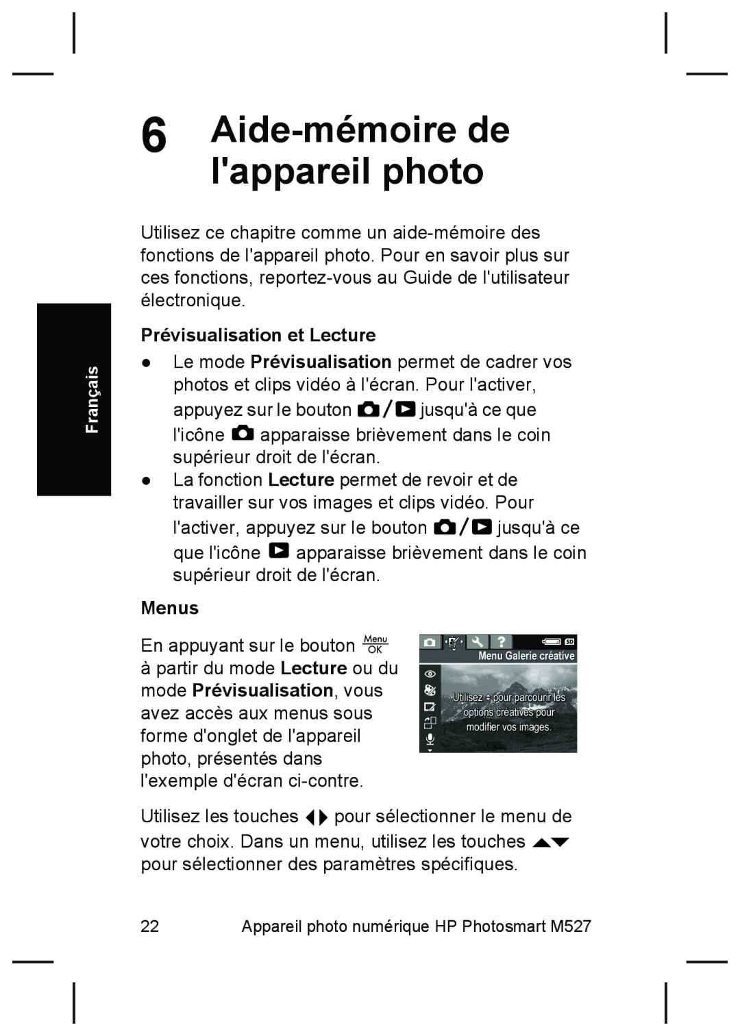 HP M527 manual Aide-mémoire de lappareil photo, Prévisualisation et Lecture 