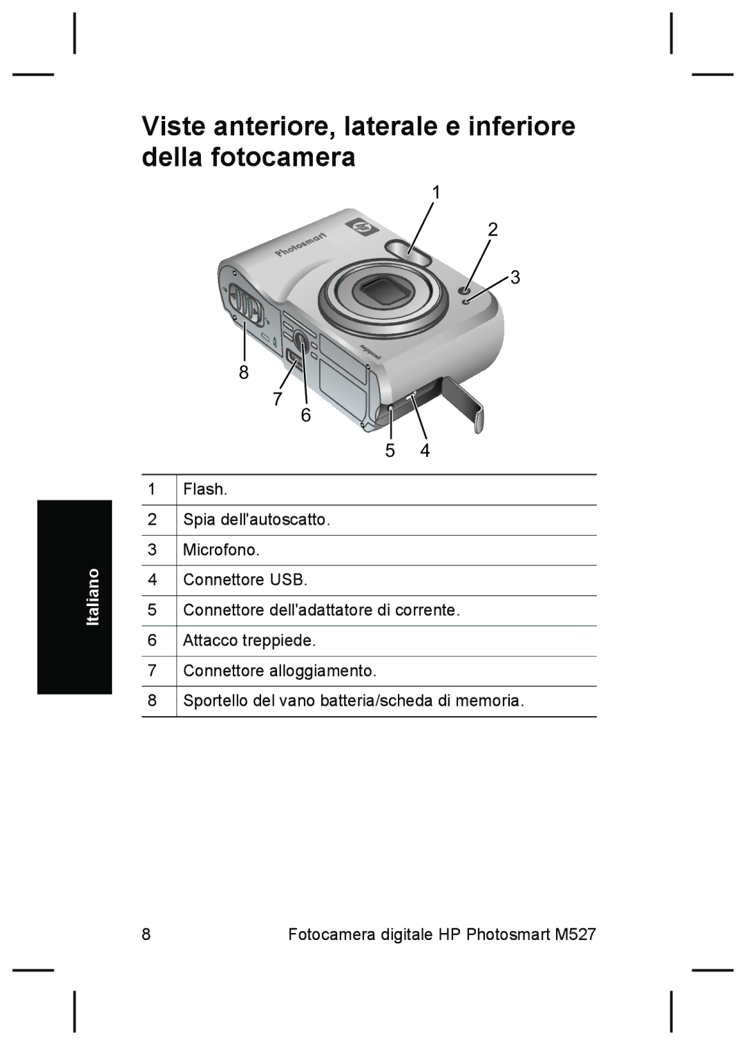 HP M527 manual Viste anteriore, laterale e inferiore della fotocamera 