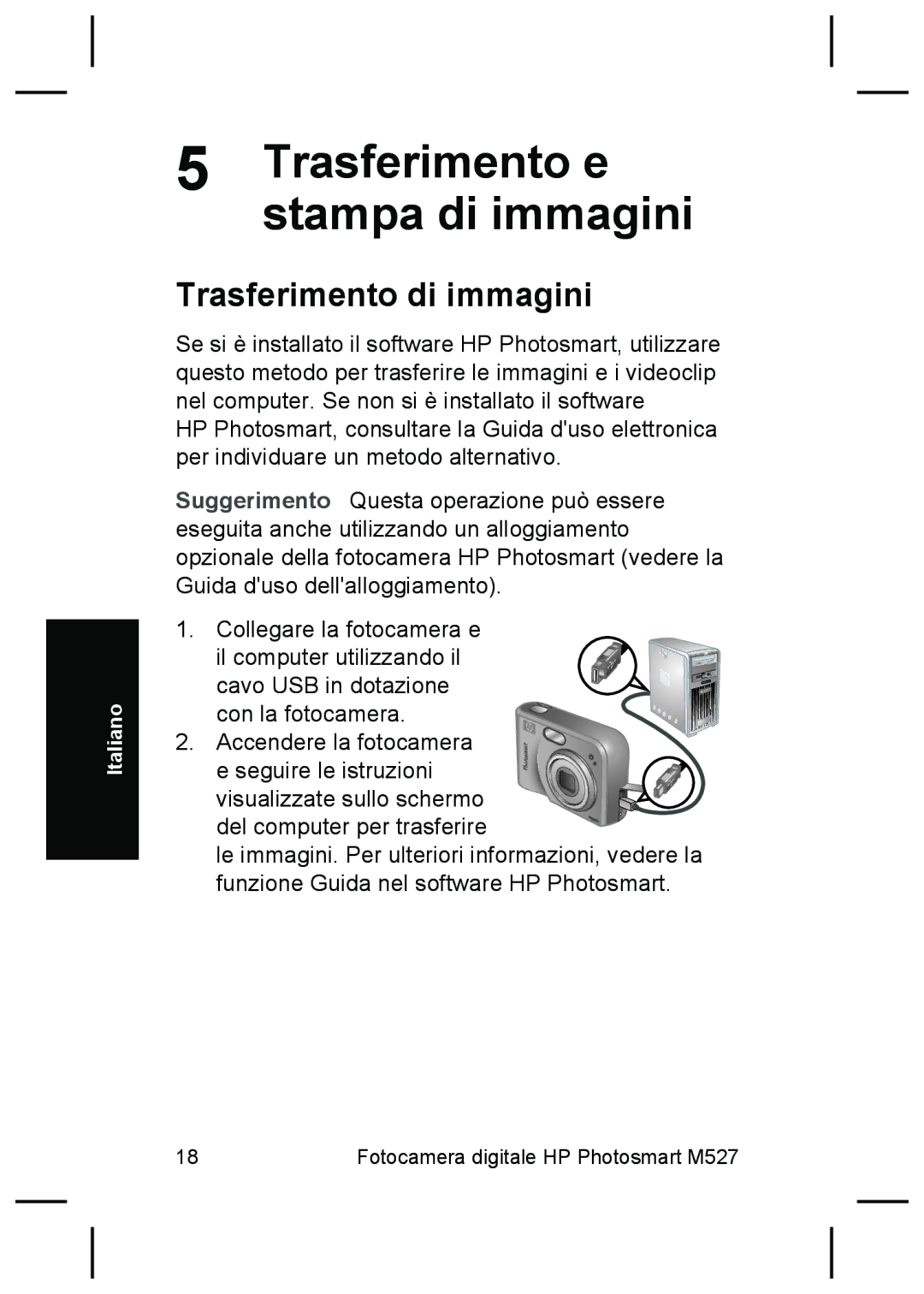 HP M527 manual Trasferimento e stampa di immagini, Trasferimento di immagini 