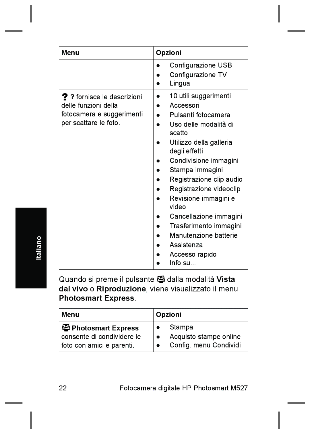 HP M527 manual Menu Opzioni Photosmart Express 