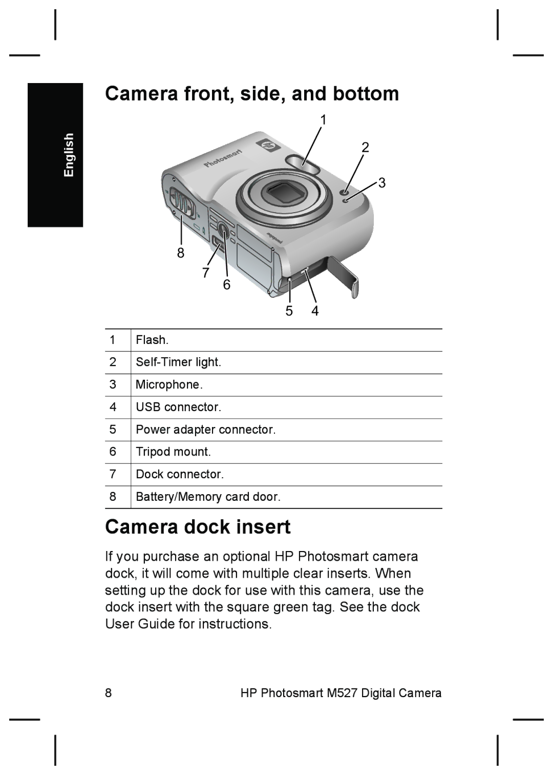 HP M527 manual Camera front, side, and bottom, Camera dock insert 