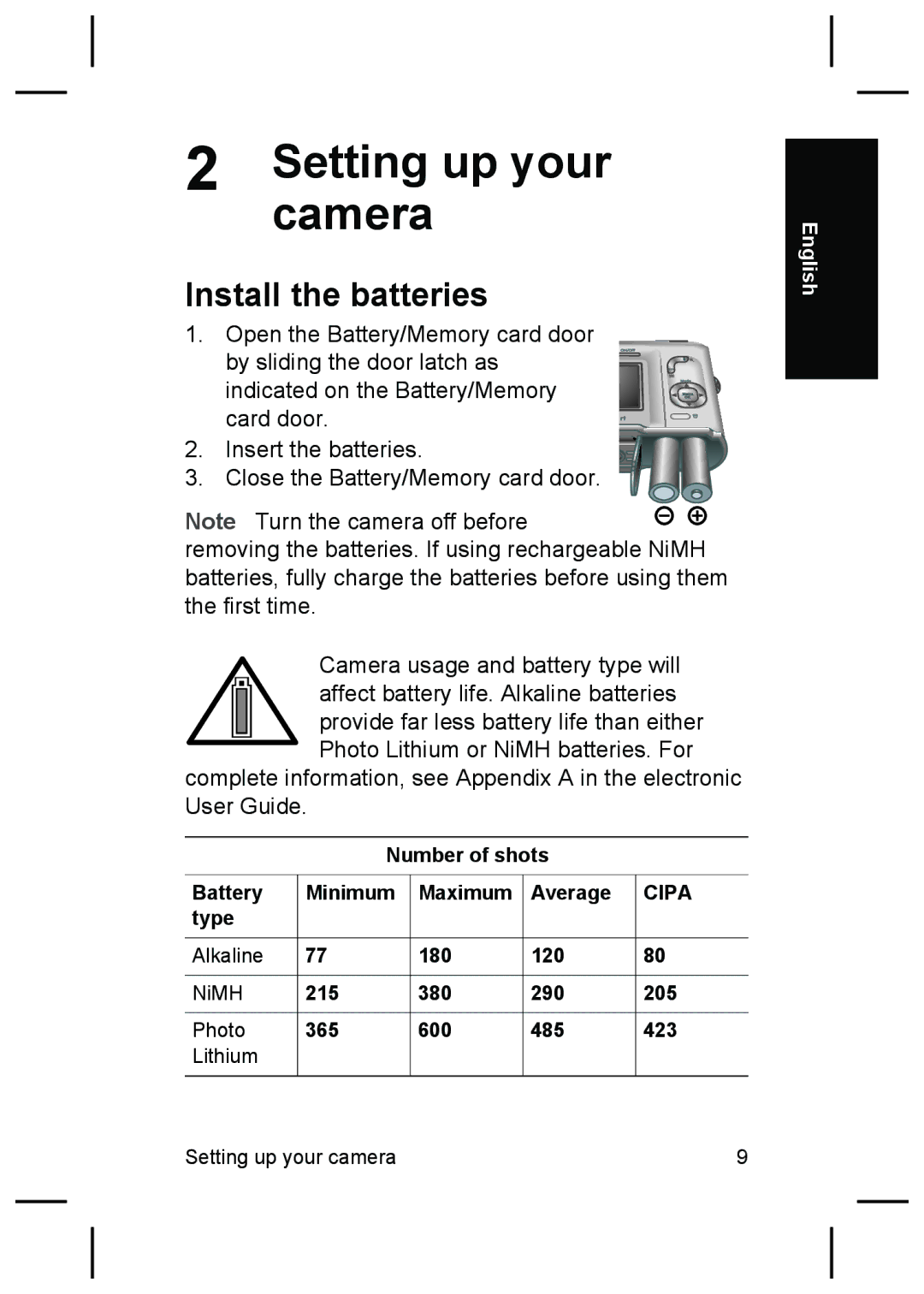 HP M527 manual Camera, Install the batteries, Number of shots Battery Minimum Maximum Average 