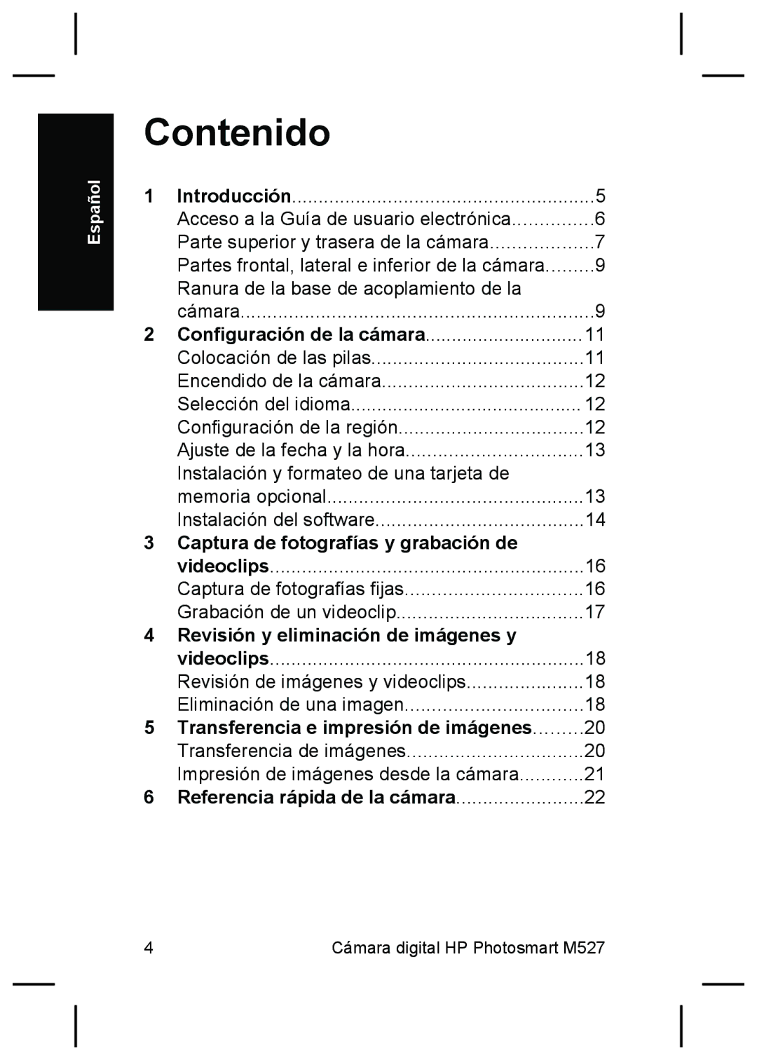 HP M527 manual Contenido, Captura de fotografías y grabación de, Revisión y eliminación de imágenes y 