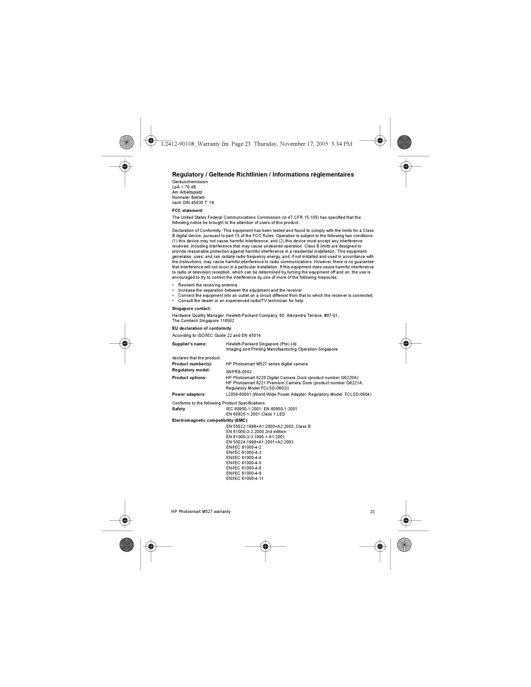 HP M527 FCC statement, Singapore contact, EU declaration of conformity, Suppliers name, Product numbers, Regulatory model 