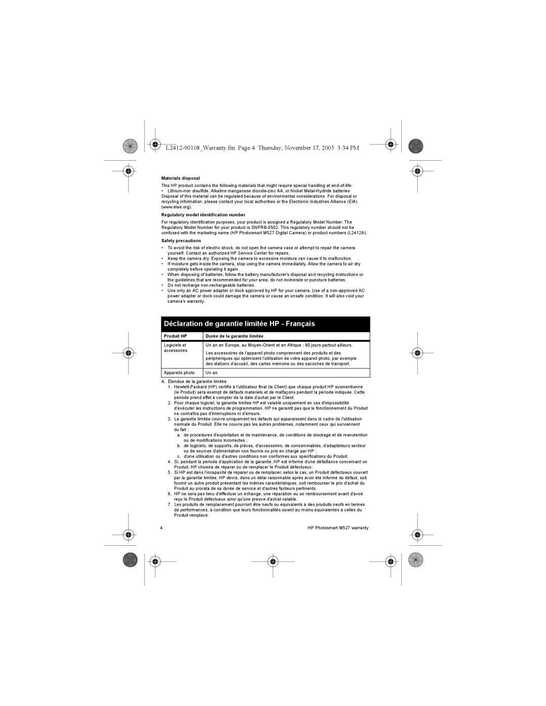 HP M527 manual Déclaration de garantie limitée HP Français, Materials disposal, Regulatory model identification number 