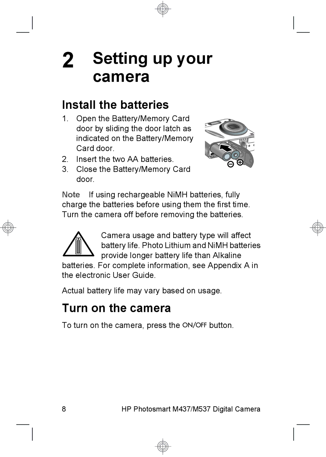 HP M537, M437 manual Camera, Install the batteries, Turn on the camera 