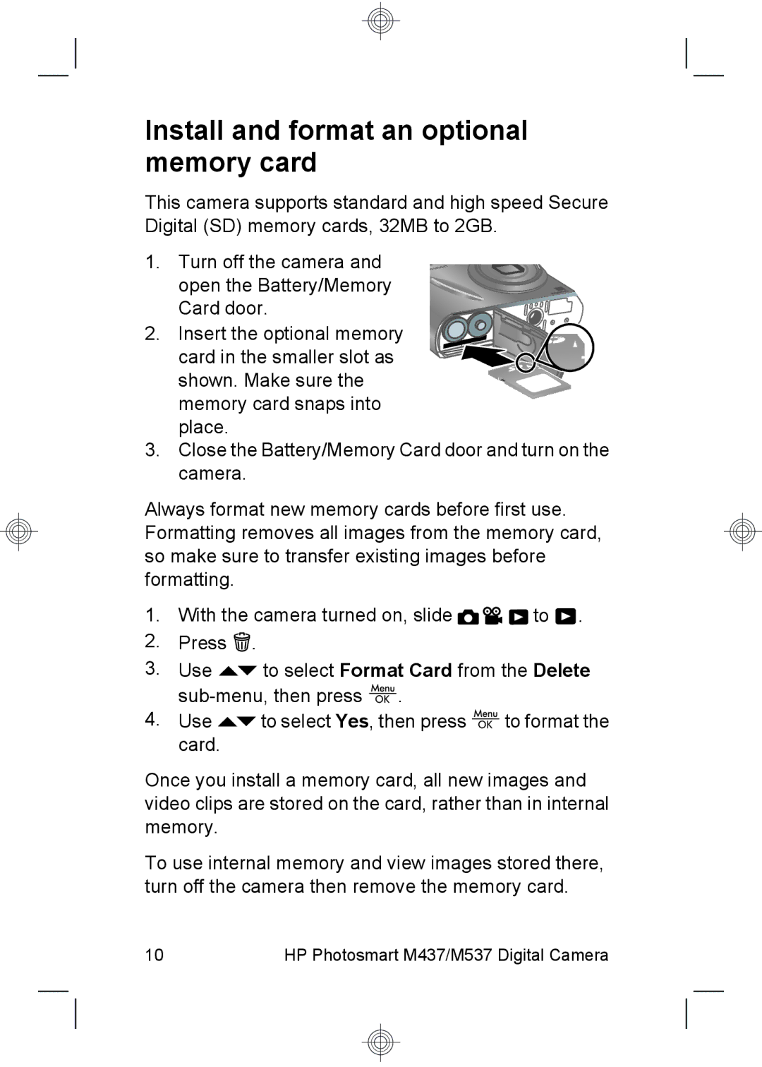 HP M537, M437 manual Install and format an optional memory card 