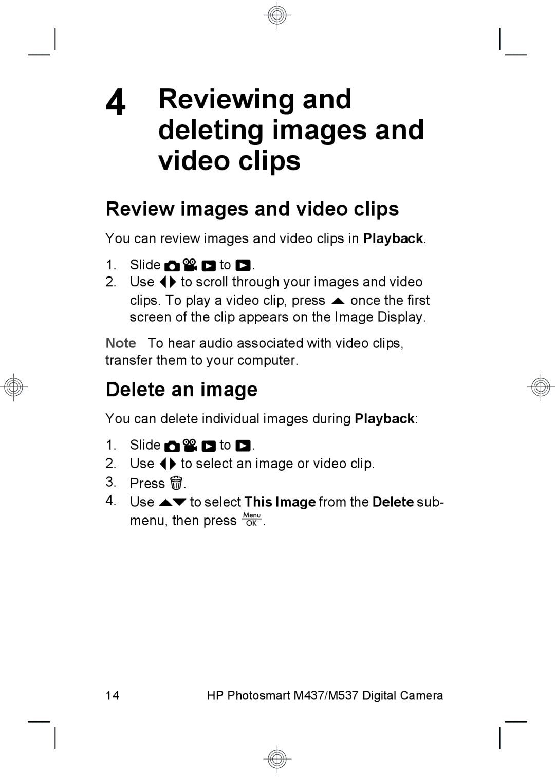 HP M537, M437 manual Reviewing and deleting images and video clips, Review images and video clips, Delete an image 