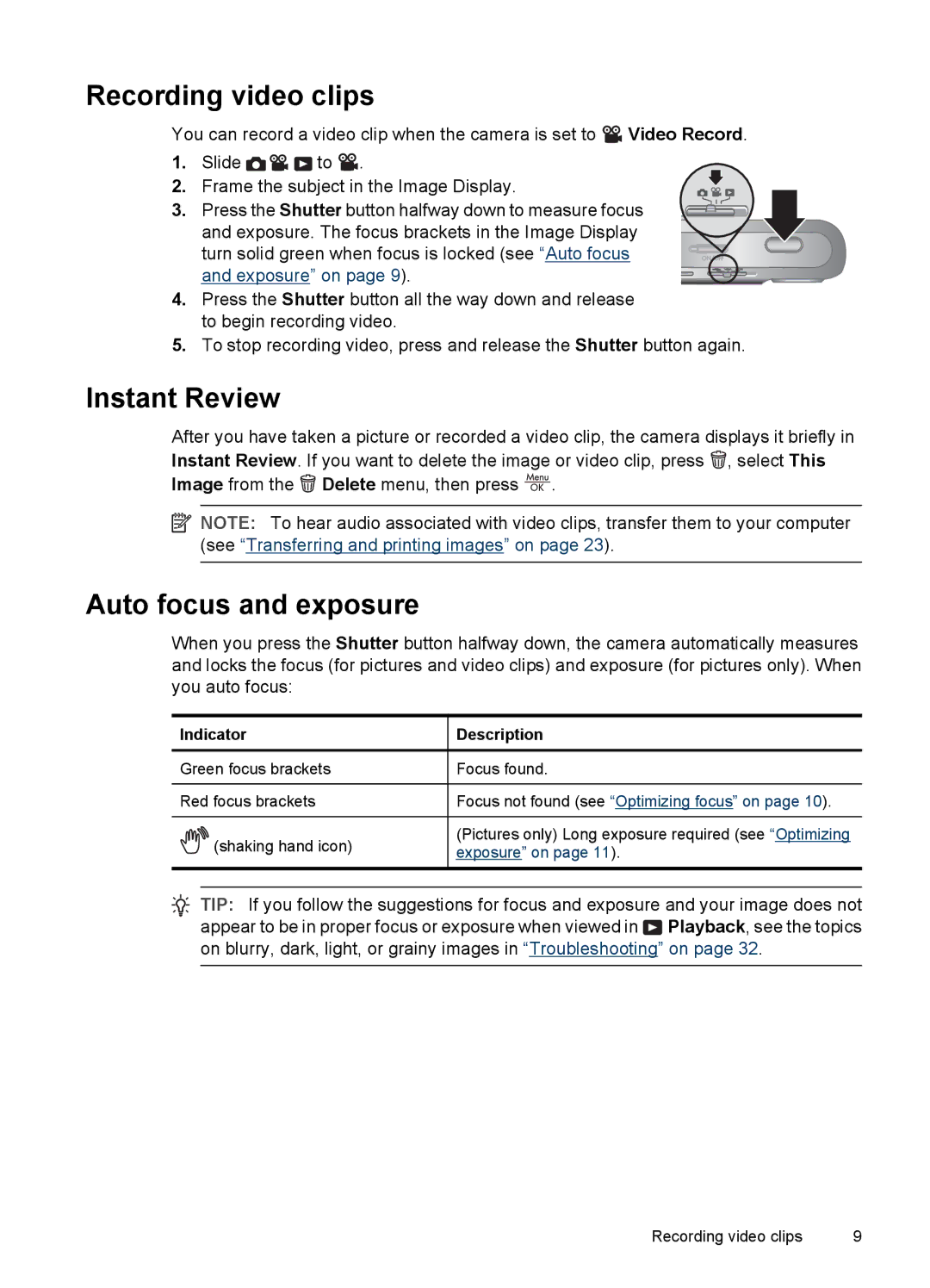 HP M437, M537 manual Recording video clips, Instant Review, Auto focus and exposure, Indicator Description 