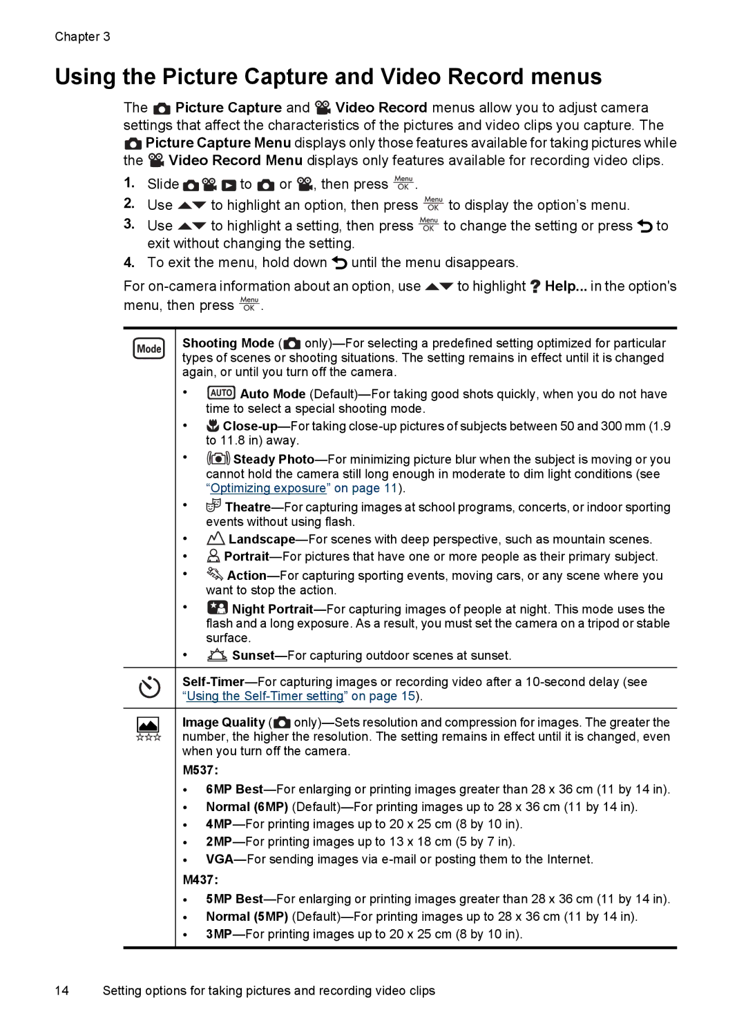 HP M537 manual Using the Picture Capture and Video Record menus, M437 