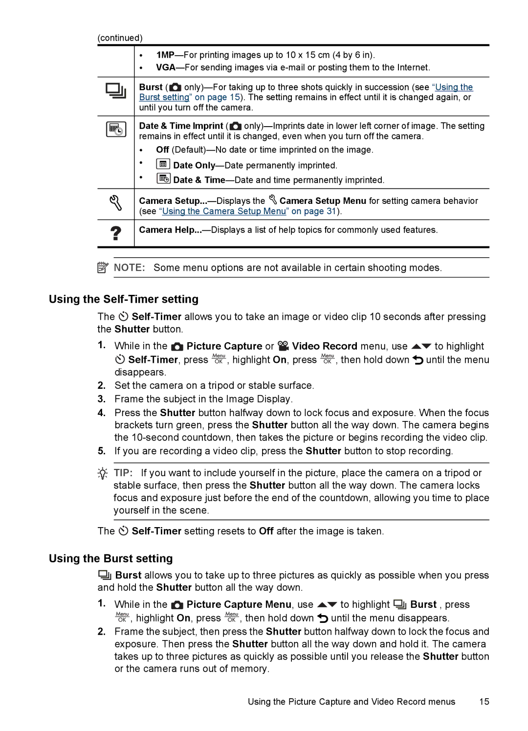 HP M437, M537 manual Using the Self-Timer setting, Using the Burst setting 