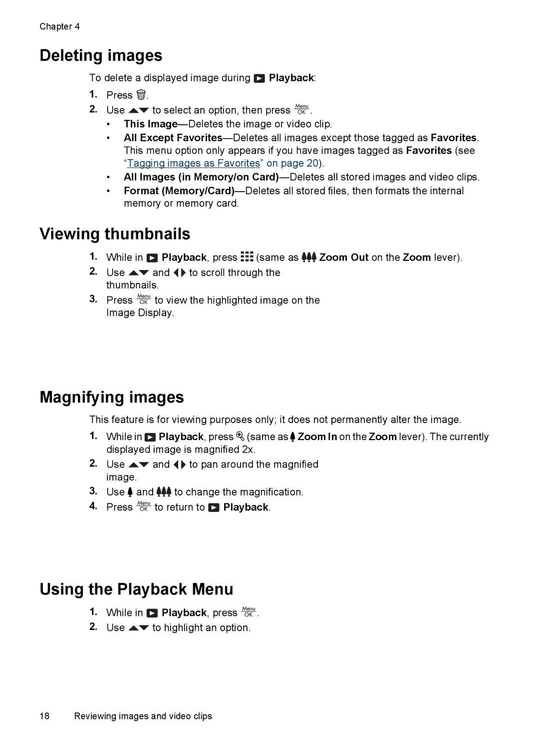 HP M537, M437 manual Deleting images, Viewing thumbnails, Magnifying images, Using the Playback Menu 