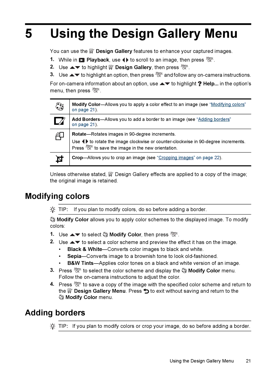 HP M437, M537 manual Using the Design Gallery Menu, Modifying colors, Adding borders, Modify Color menu 