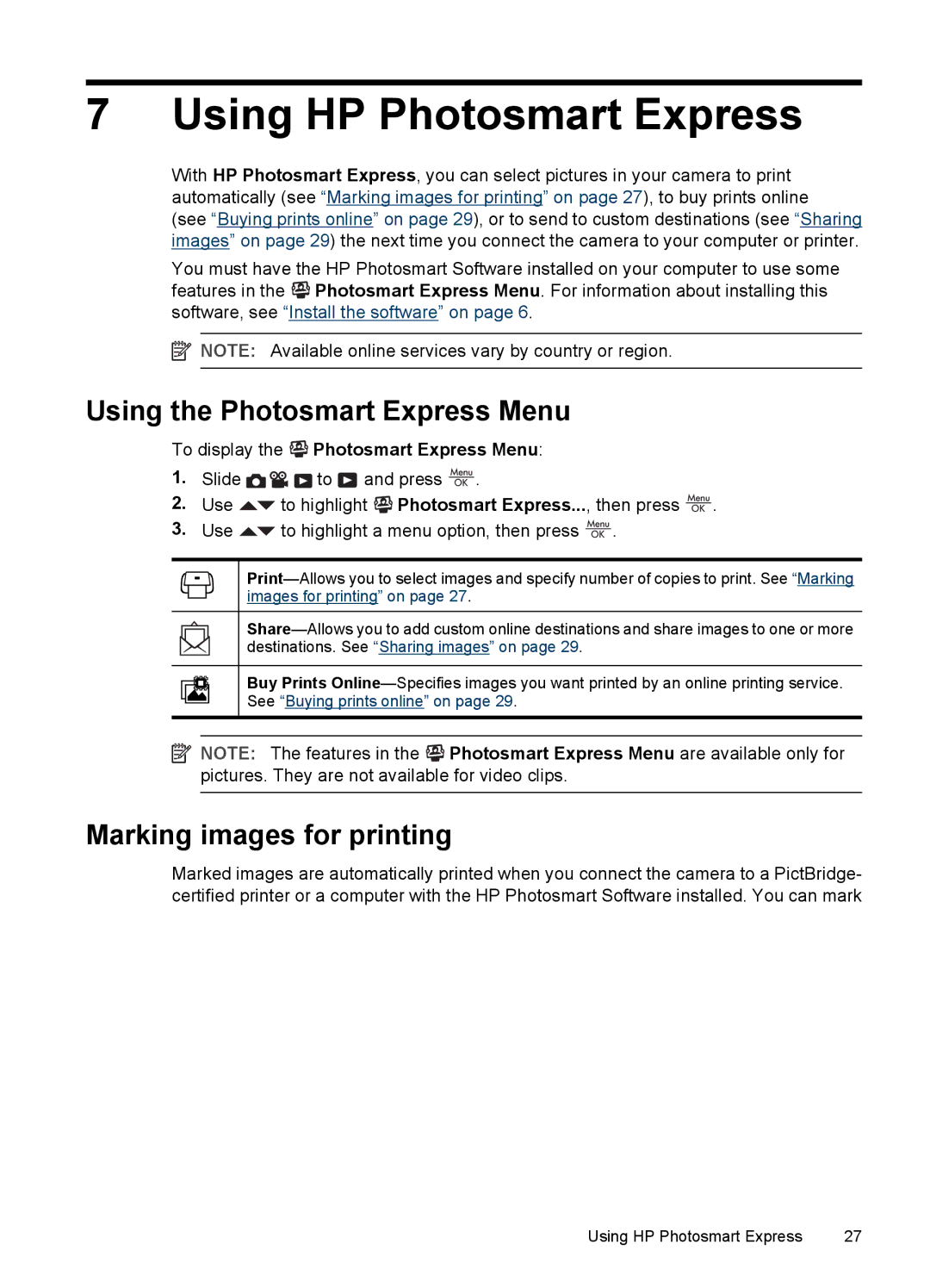 HP M437, M537 manual Using HP Photosmart Express, Using the Photosmart Express Menu, Marking images for printing 