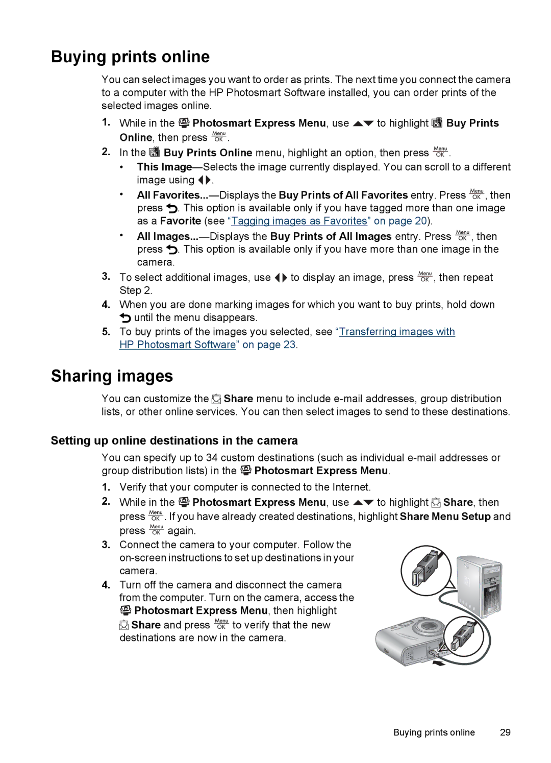 HP M437, M537 manual Buying prints online, Sharing images, Setting up online destinations in the camera 