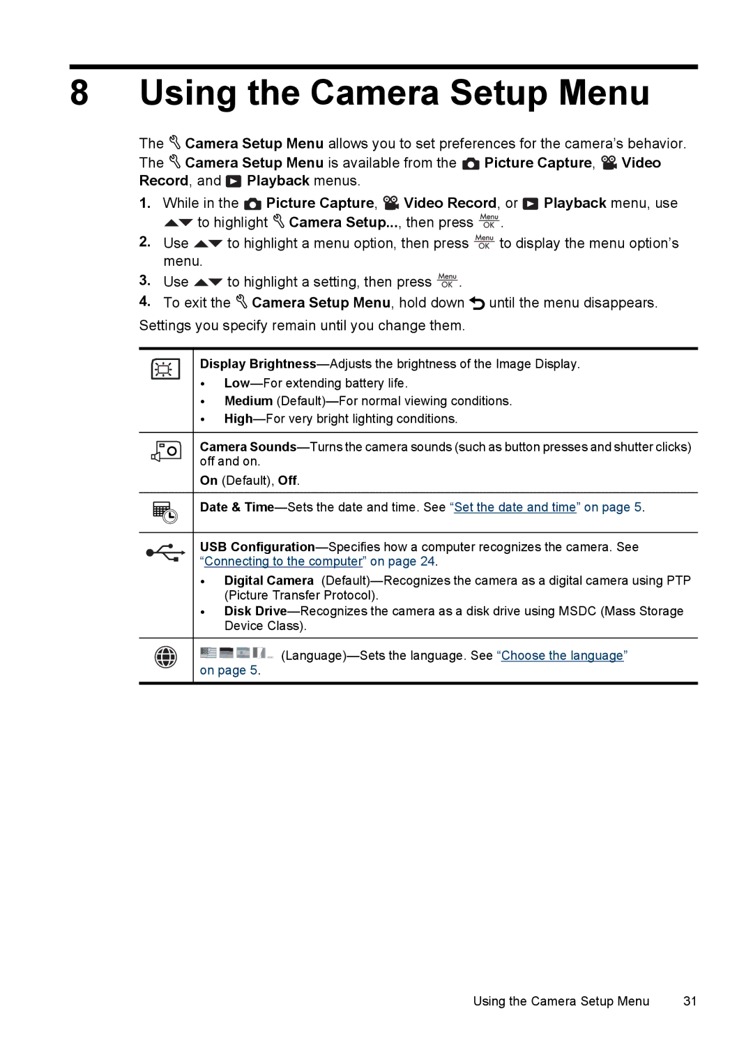 HP M437, M537 manual Using the Camera Setup Menu 