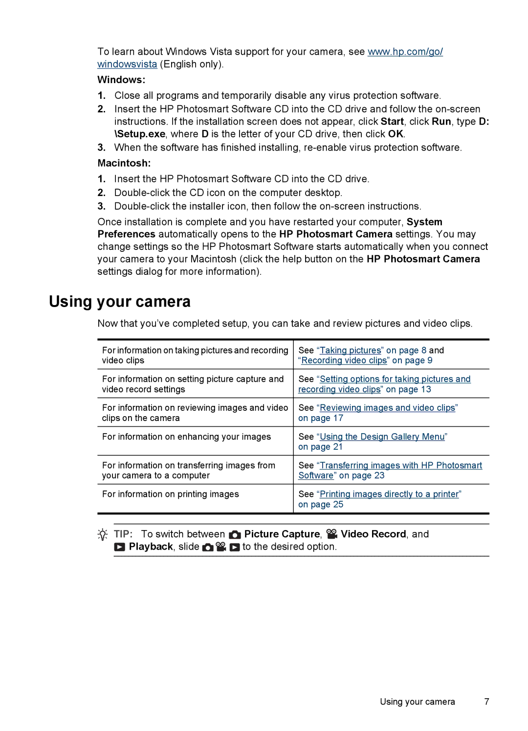 HP M437, M537 manual Using your camera, Windows, Macintosh, TIP To switch between Picture Capture, Video Record 