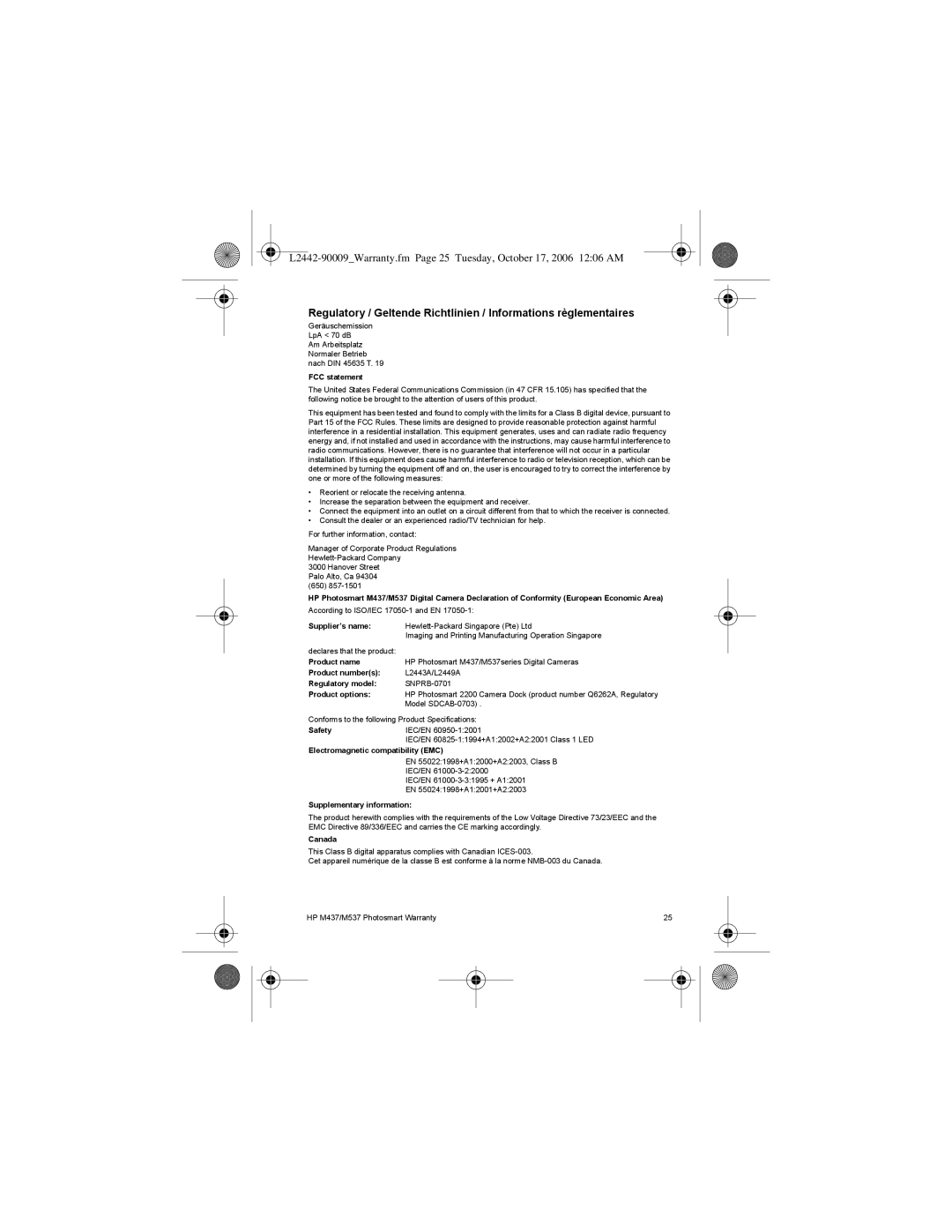 HP M437 FCC statement, Supplier’s name, Product name, Product numbers, Regulatory model, Product options, Safety, Canada 