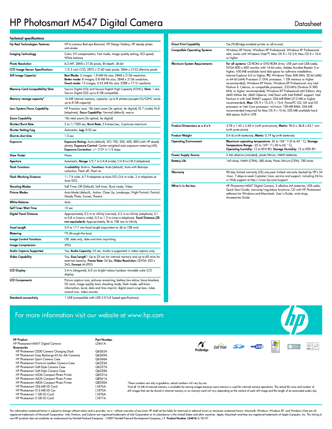 HP manual HP Photosmart M547 Digital Camera, Datasheet, Technical specifications, Jpeg 