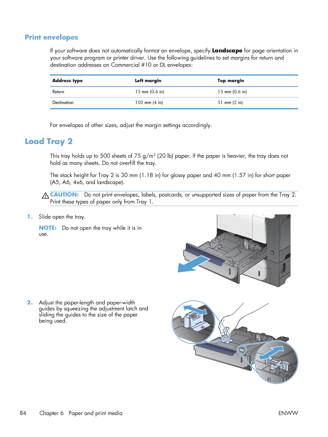 HP M551DN manual Print envelopes, Address type Left margin Top margin 