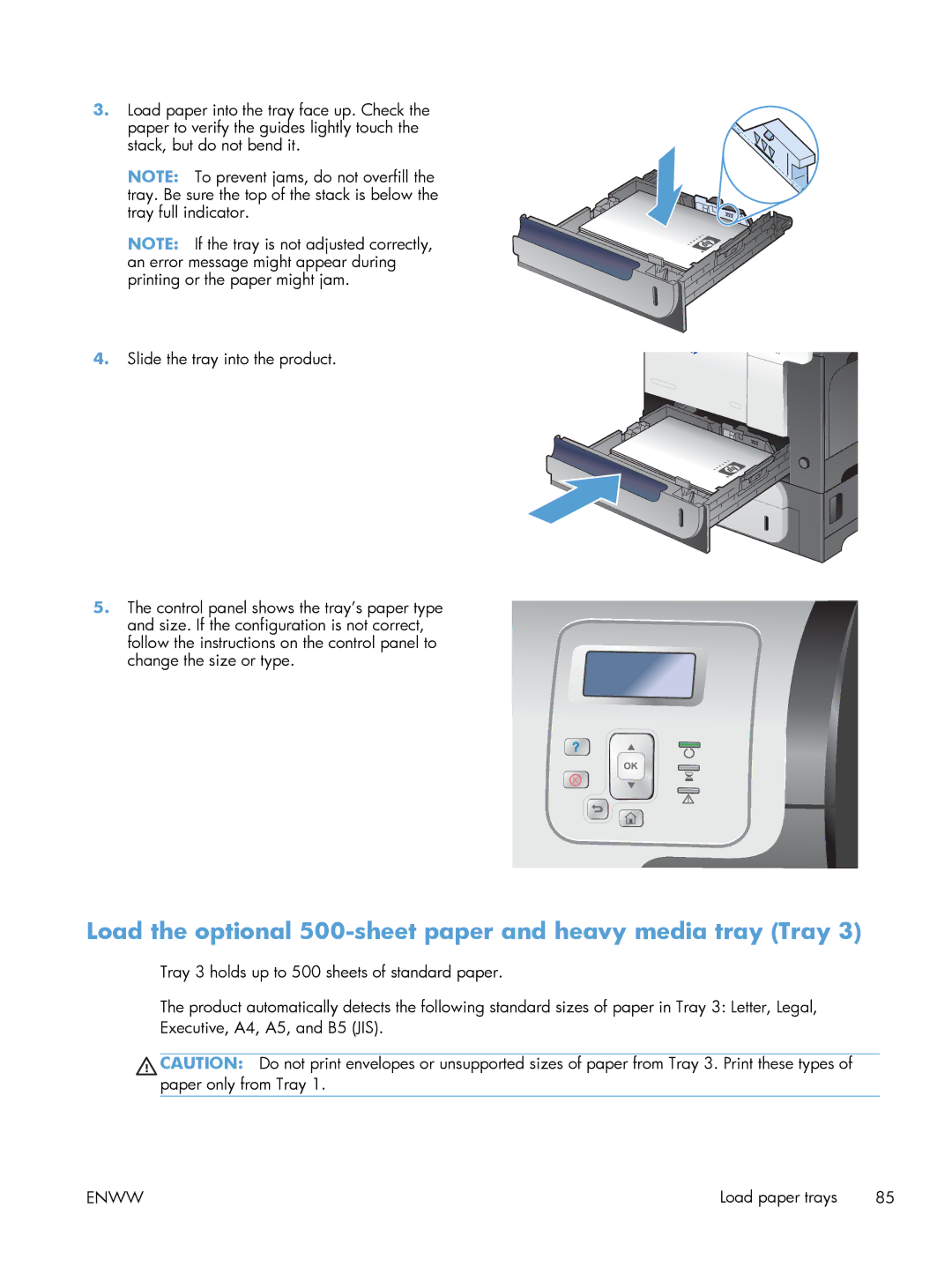 HP M551DN manual Load the optional 500-sheet paper and heavy media tray Tray 