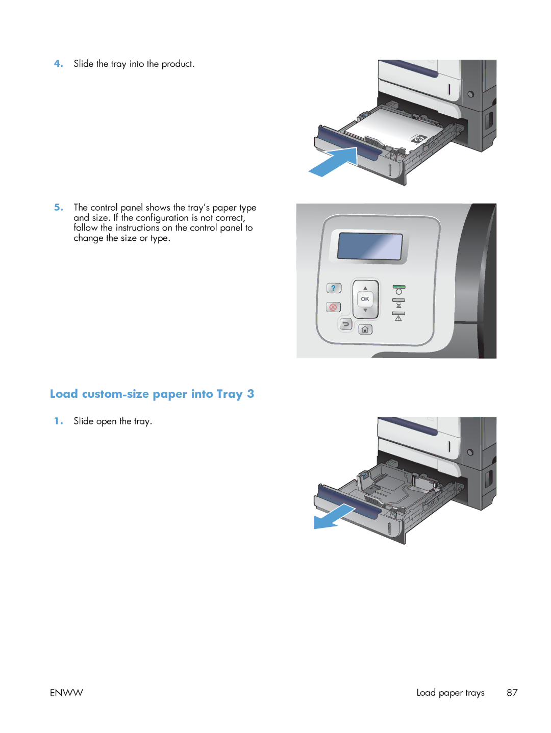 HP M551DN manual Load custom-size paper into Tray 