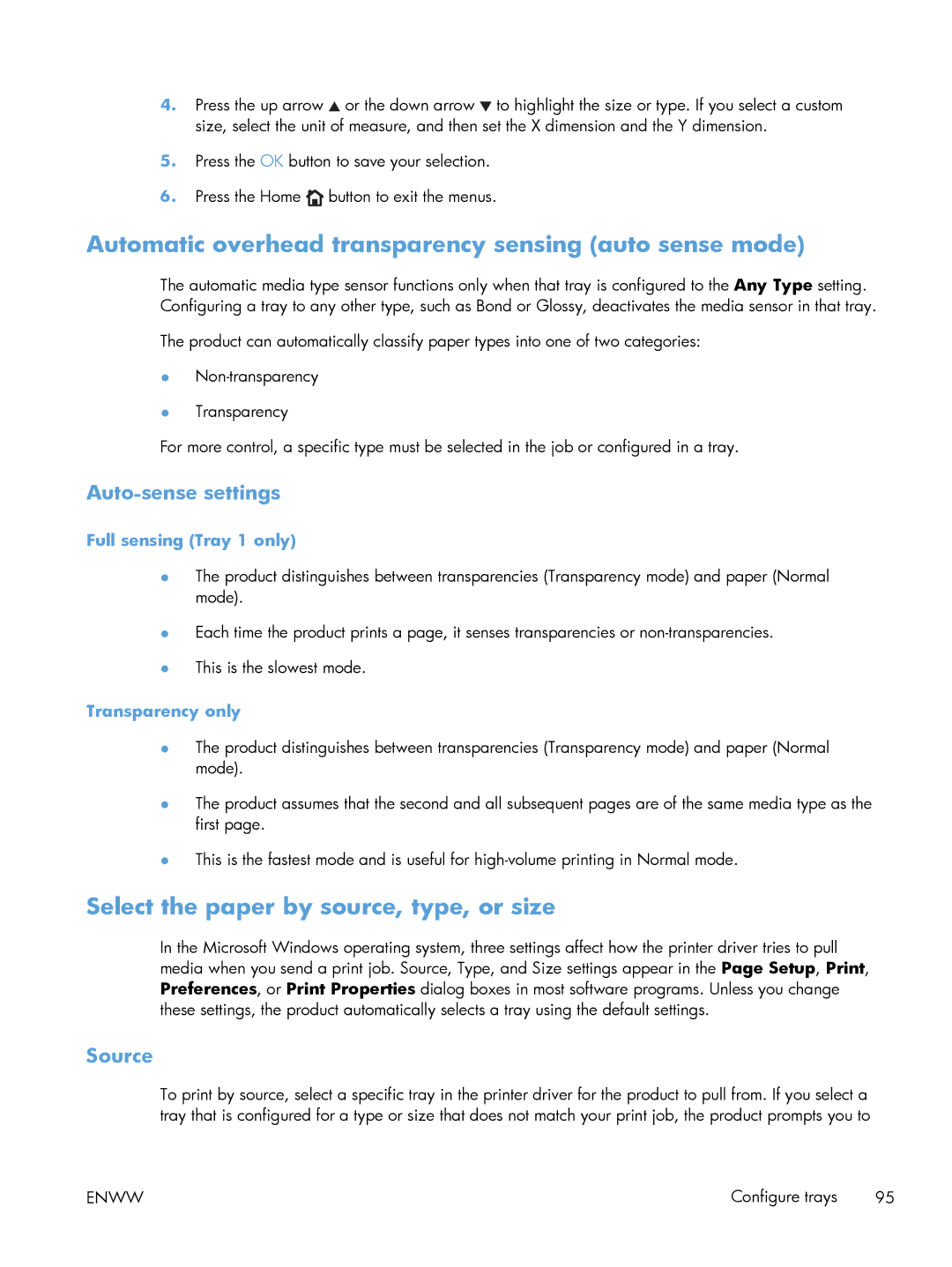 HP M551DN manual Automatic overhead transparency sensing auto sense mode, Select the paper by source, type, or size, Source 