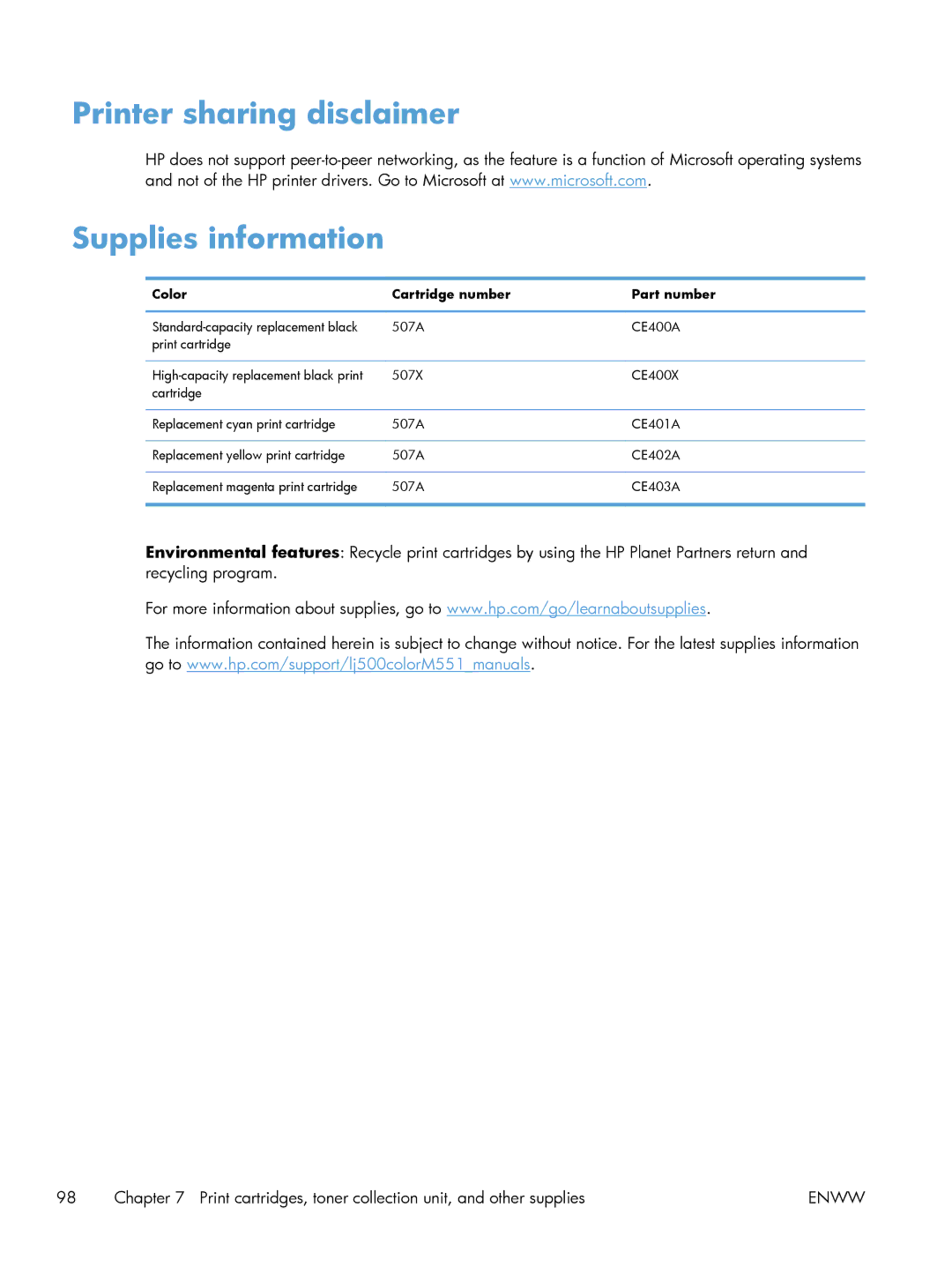 HP M551DN manual Printer sharing disclaimer Supplies information, Color Cartridge number Part number 