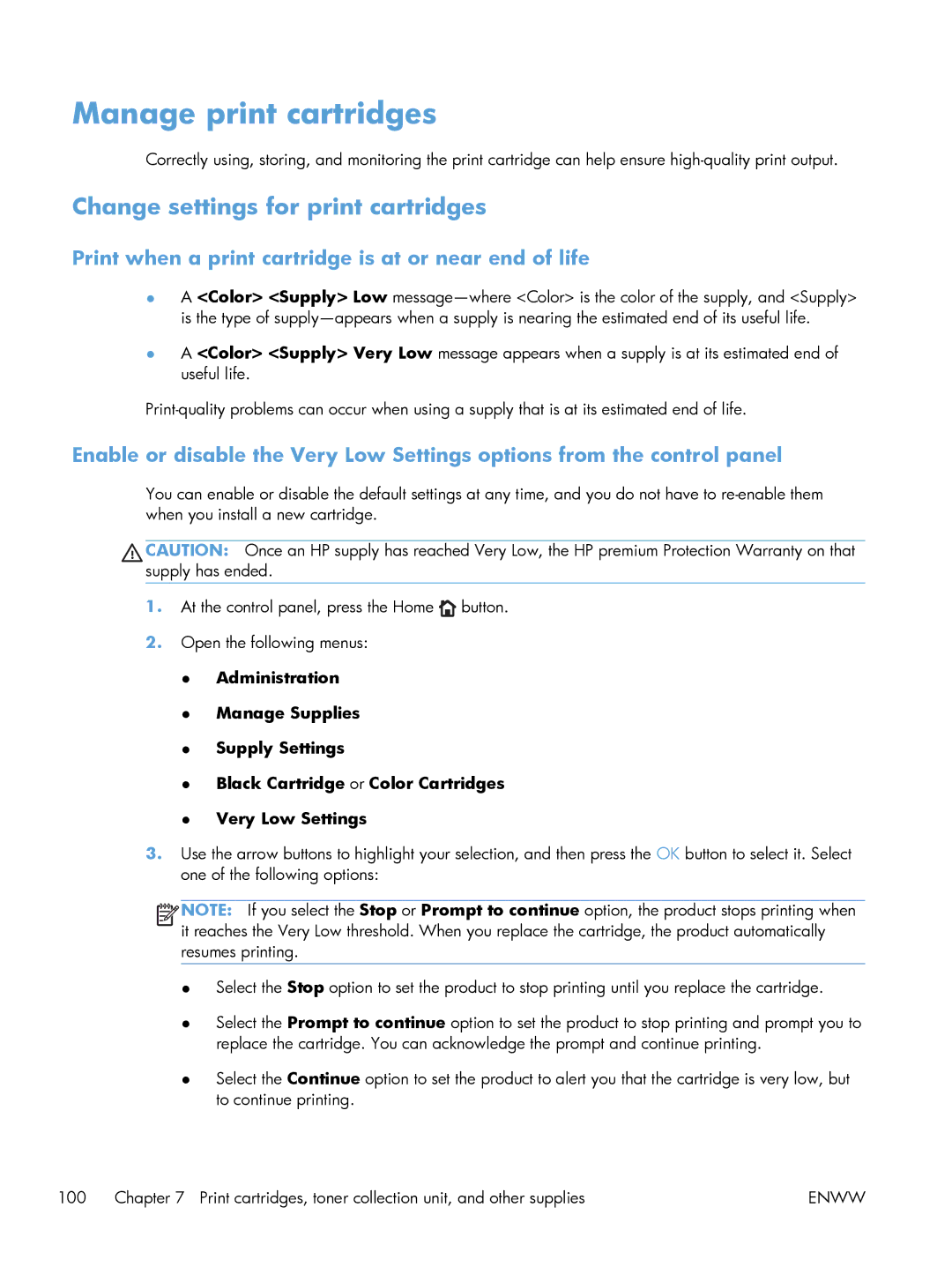 HP M551DN manual Manage print cartridges, Change settings for print cartridges 