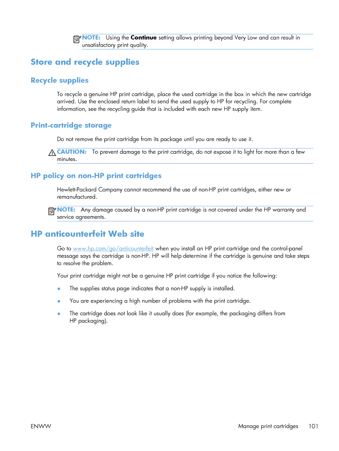 HP M551DN manual Store and recycle supplies, HP anticounterfeit Web site, Recycle supplies, Print-cartridge storage 