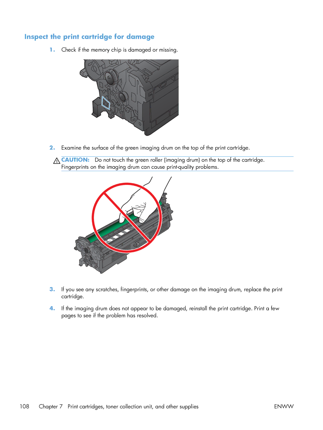 HP M551DN manual Inspect the print cartridge for damage 