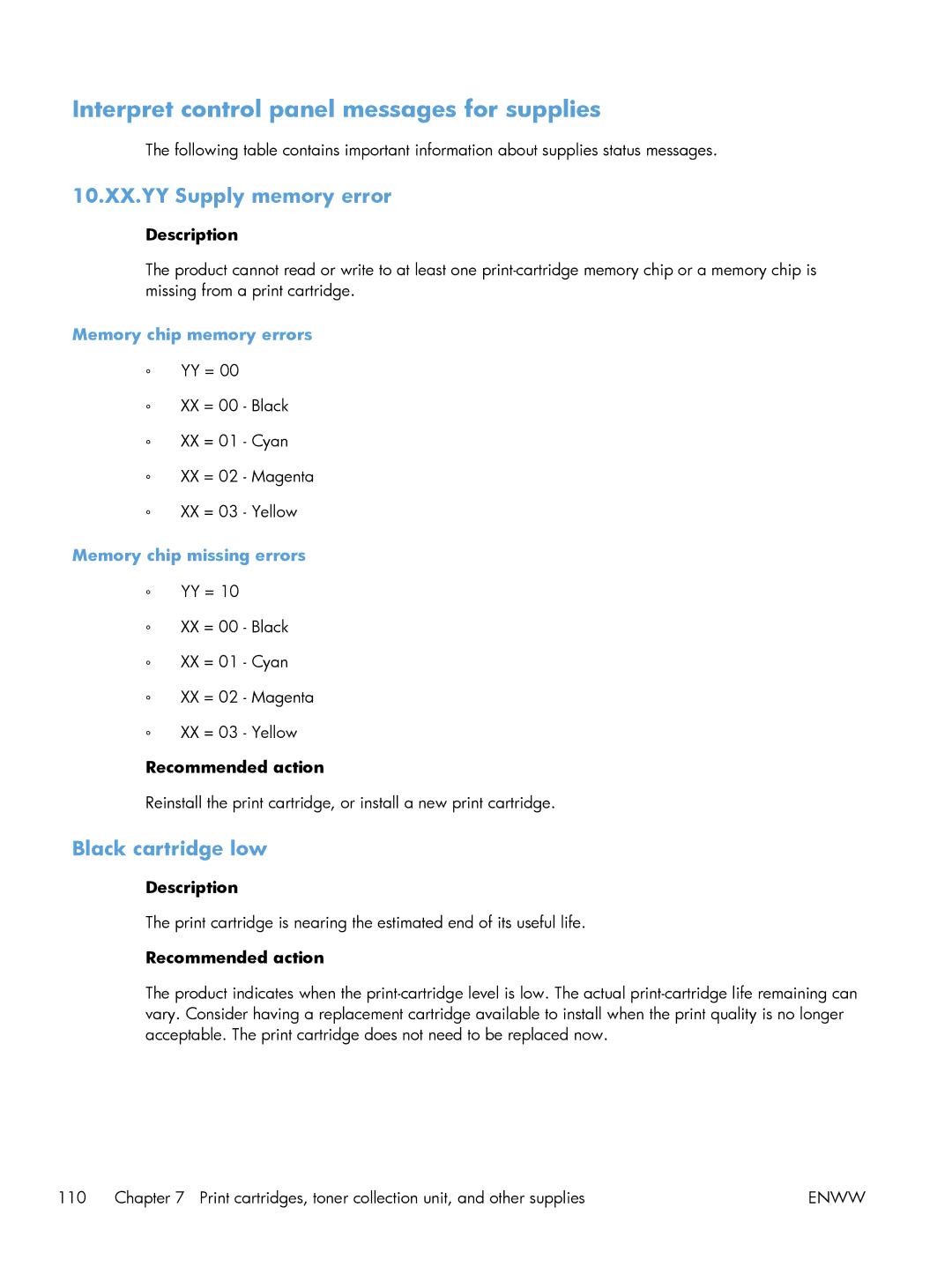 HP M551DN manual Interpret control panel messages for supplies, 10.XX.YY Supply memory error, Black cartridge low 